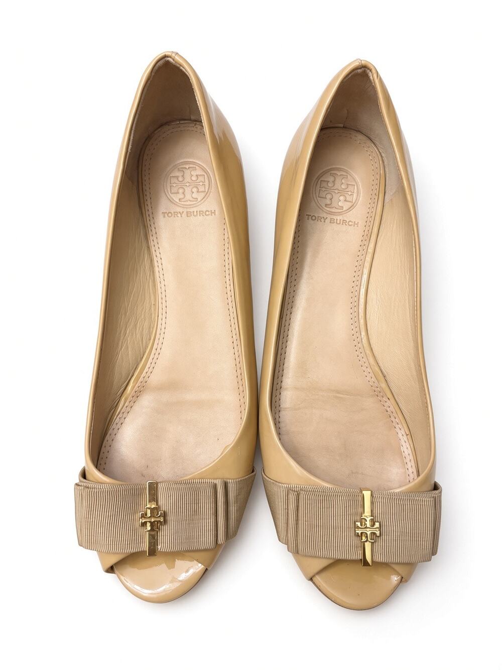 Tory Burch Trudy Nude Patent Peep Toe Bow Wedge Flats 7M